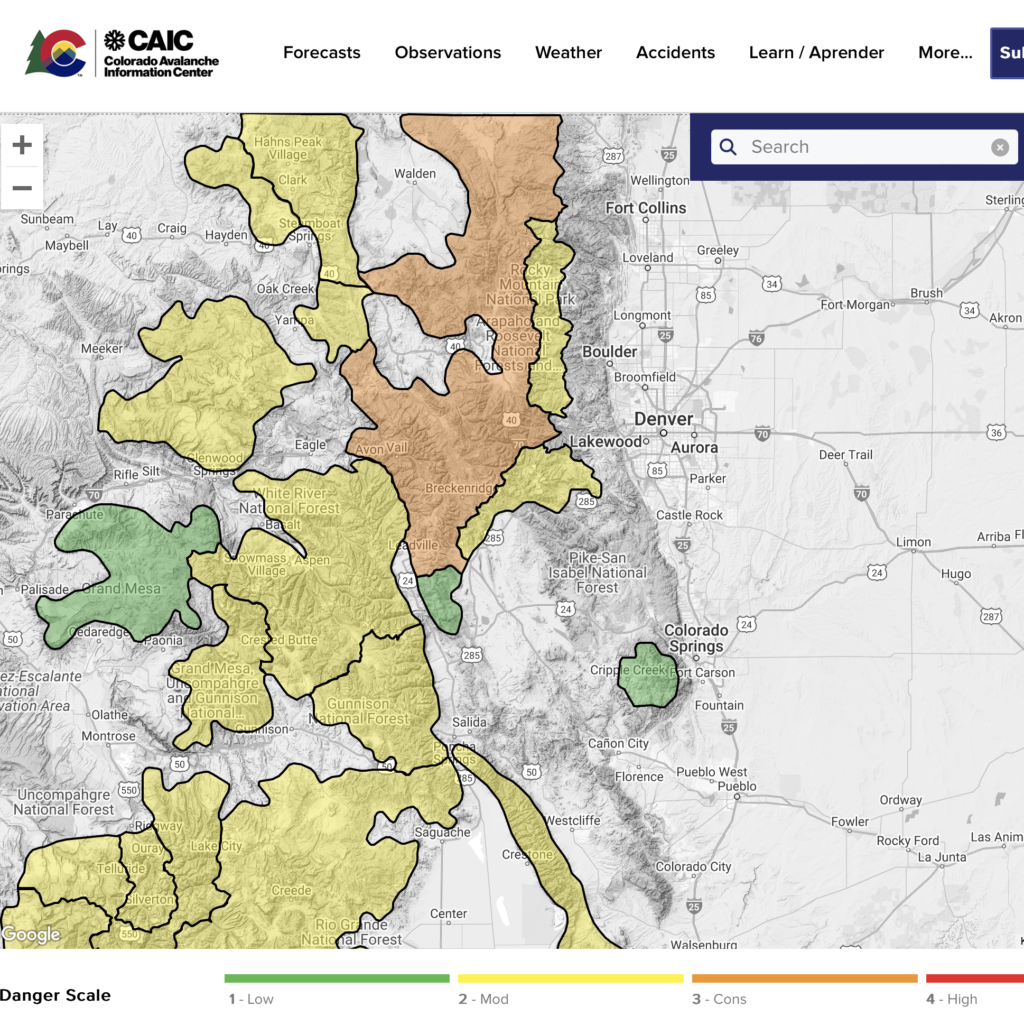 Colorado Avalanche Information Center Screenshot displaying map of avalanche risk for the day.